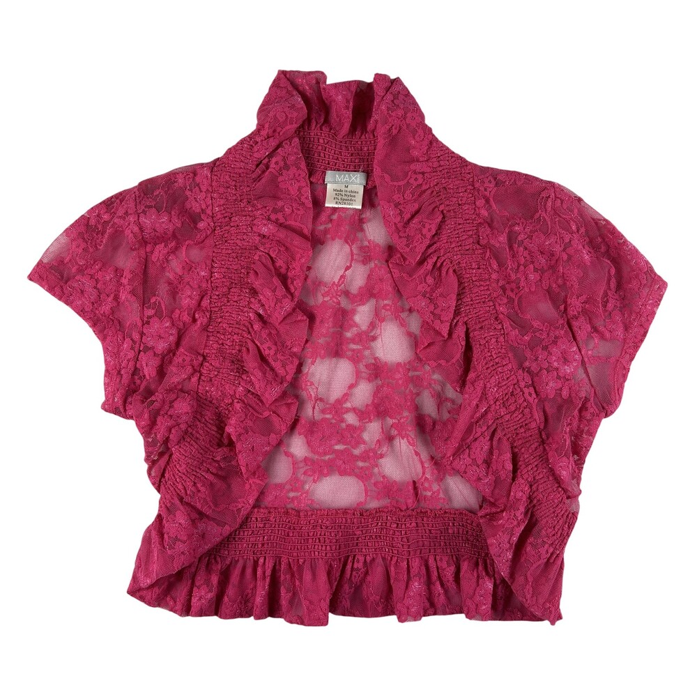 Vtg Maxi Blouse Womens Medium Lace Ruffle Open Front Cropped Sheer Shrug Y2K